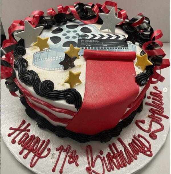 A cake with red, black and white frosting.