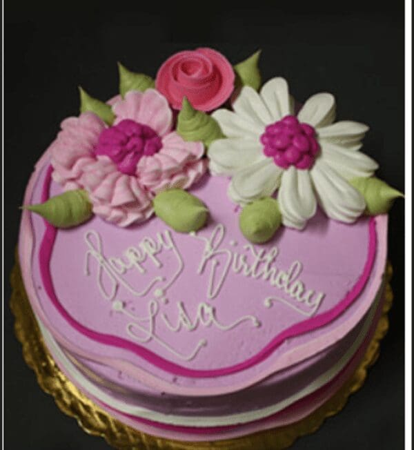 A birthday cake with flowers on top of it.